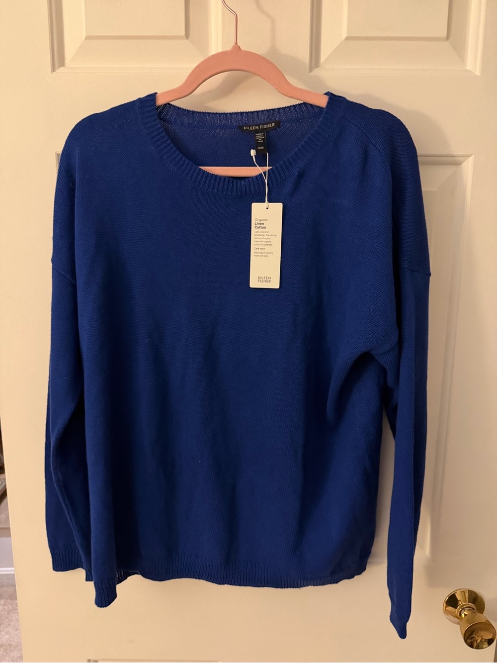 Eileen Fisher Royal Blue Scoop Neck Organic Linen Cotton Sweater M NWT